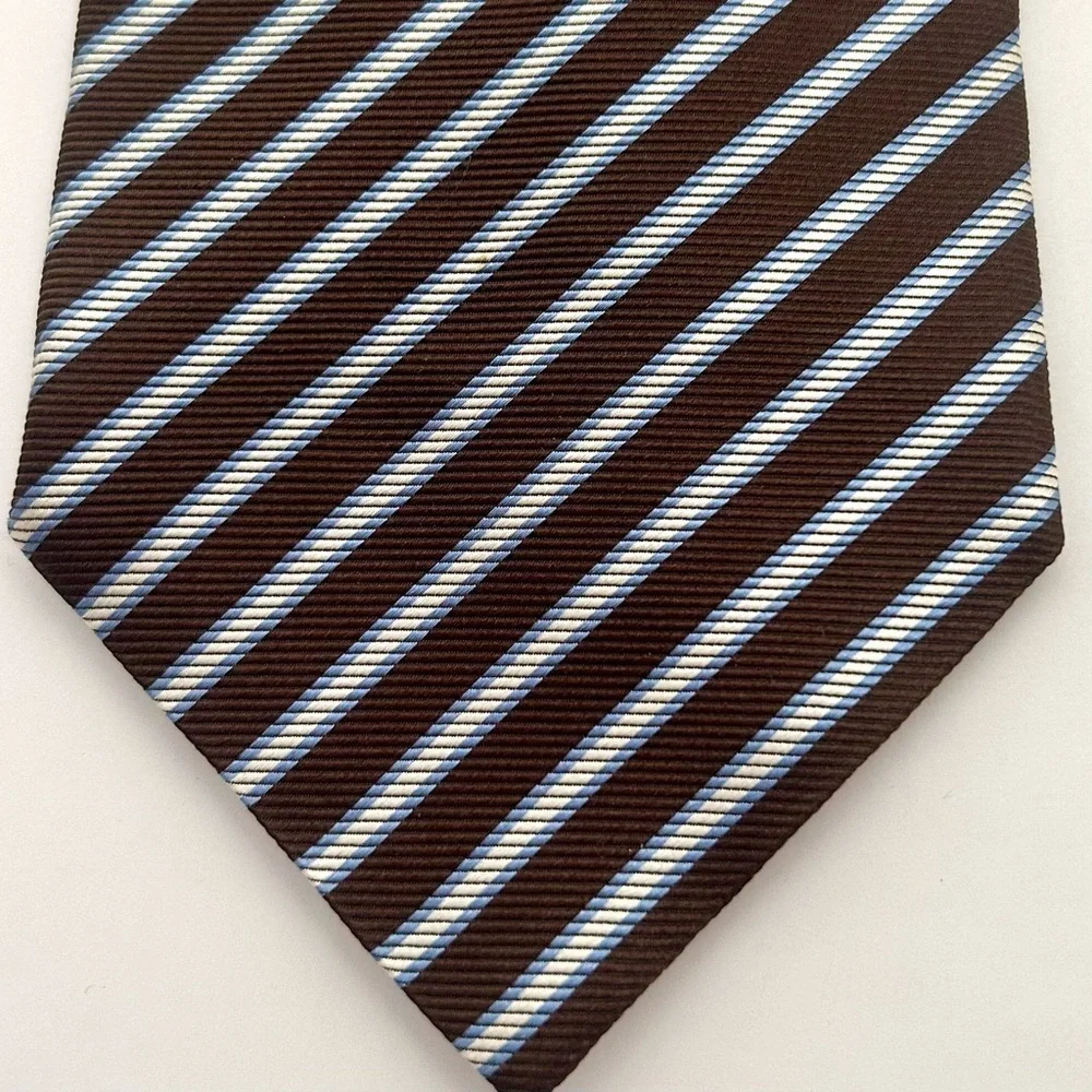 Corneliani 100% Italian Made Silk Jacquard Brown Blue White Diagonal Stripe Tie